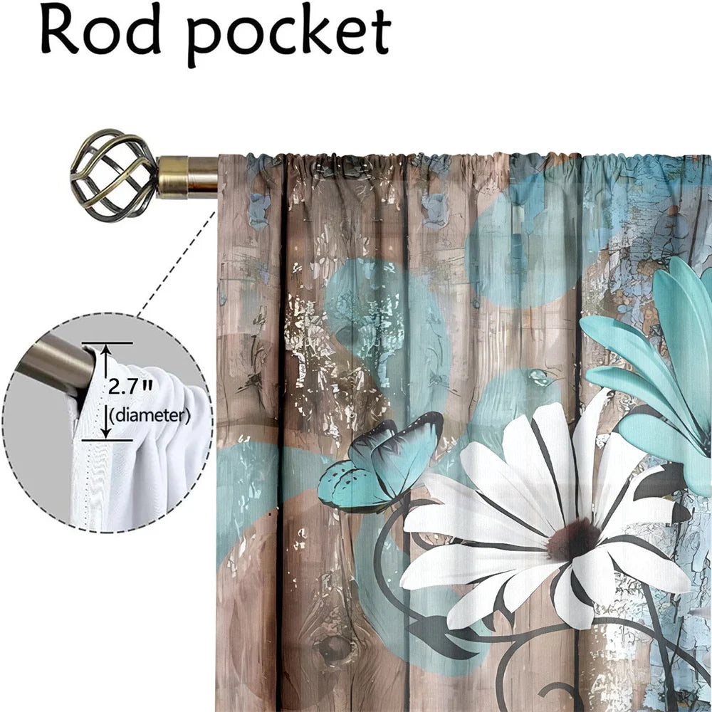 2Pcs Vintage Wooden Floral Curtains