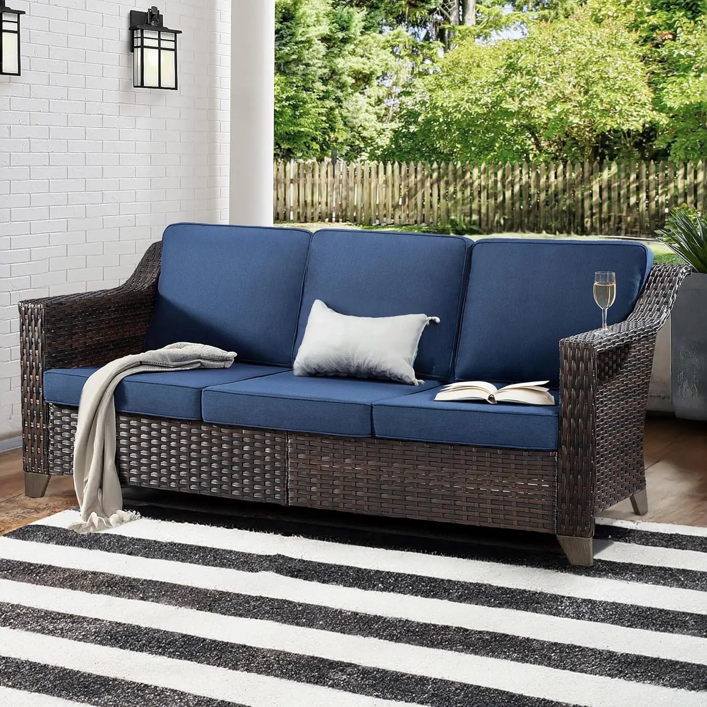 Patio Couch, All Weather Outdoor Rattan Wicker 3-Seat Sofa