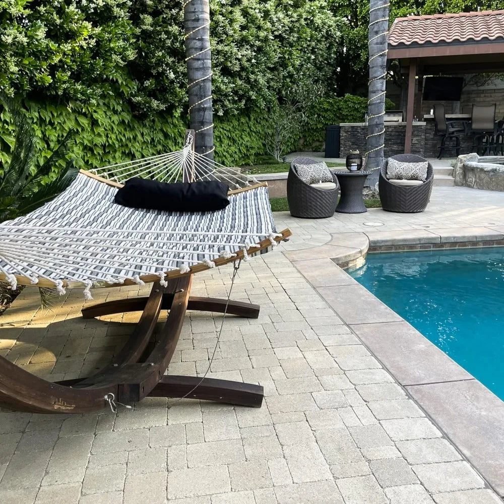 Polycotton Double Hammock with Curved Bamboo Foldable Spreader Bars