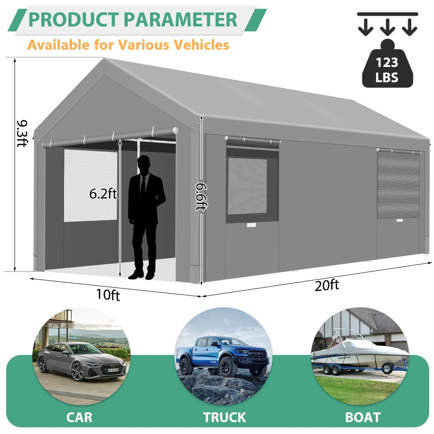 10x20 Heavy Duty Carport Canopy, with Removable Sidewalls