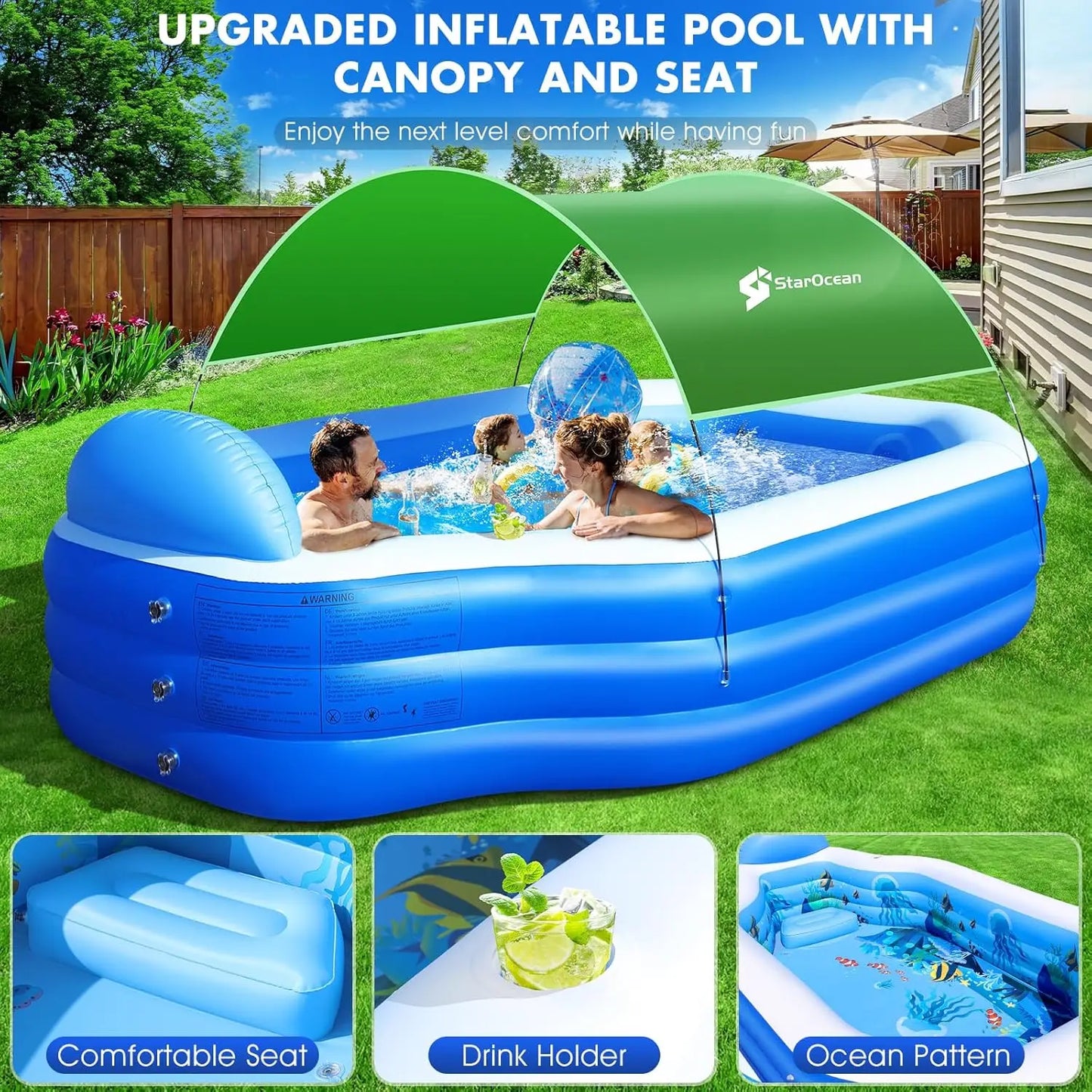 Swimming Blow Up Pool With Seats, Backrest