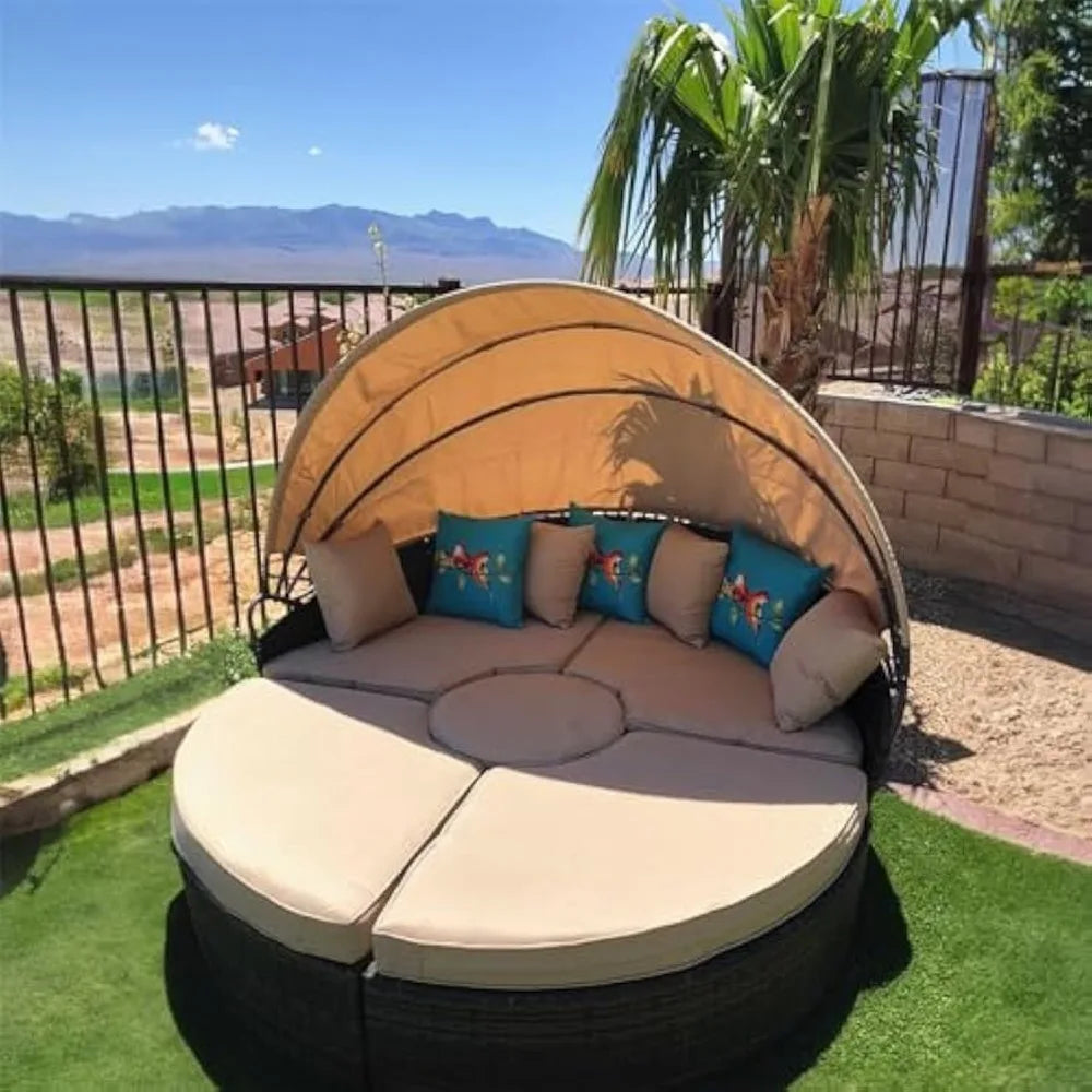 Outdoor Patio Round Daybed with Retractable Canopy