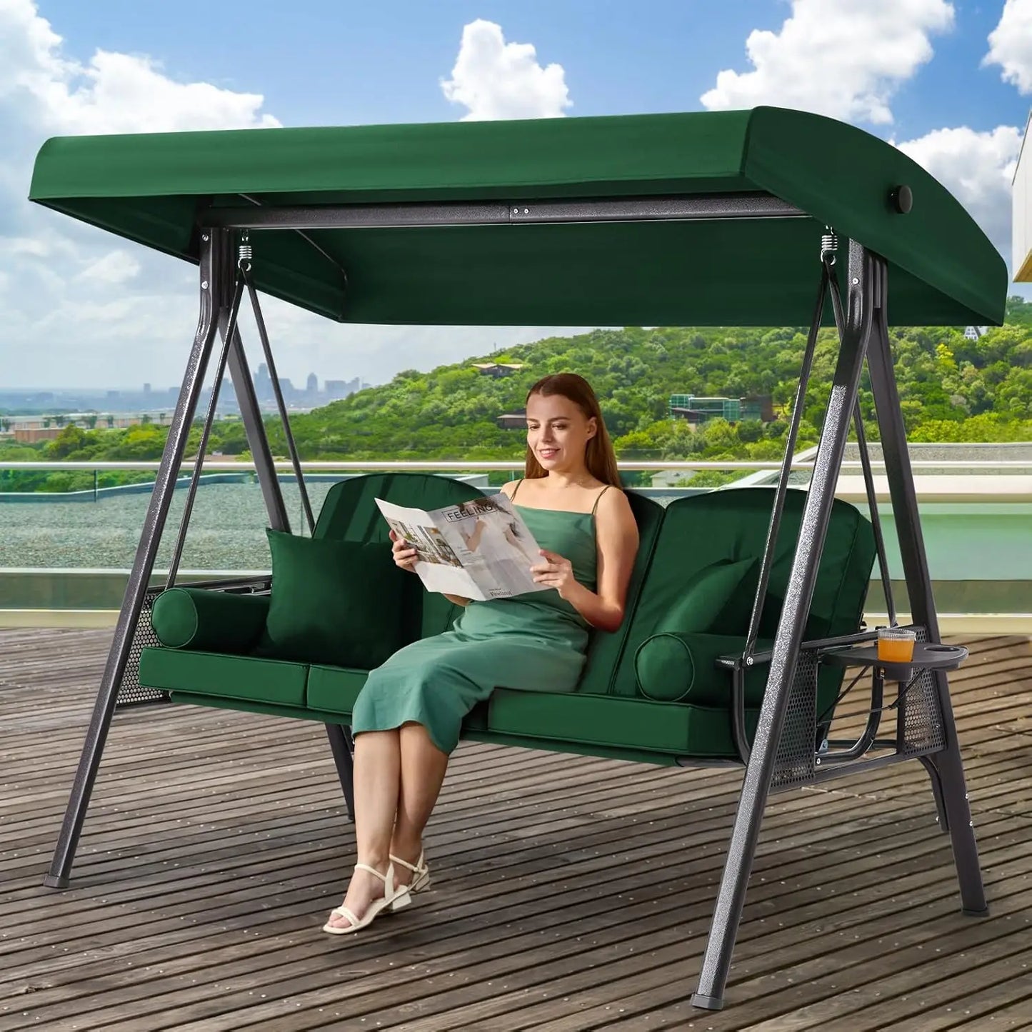 3 Seats Outdoor Porch Swing with Adjustable Canopy