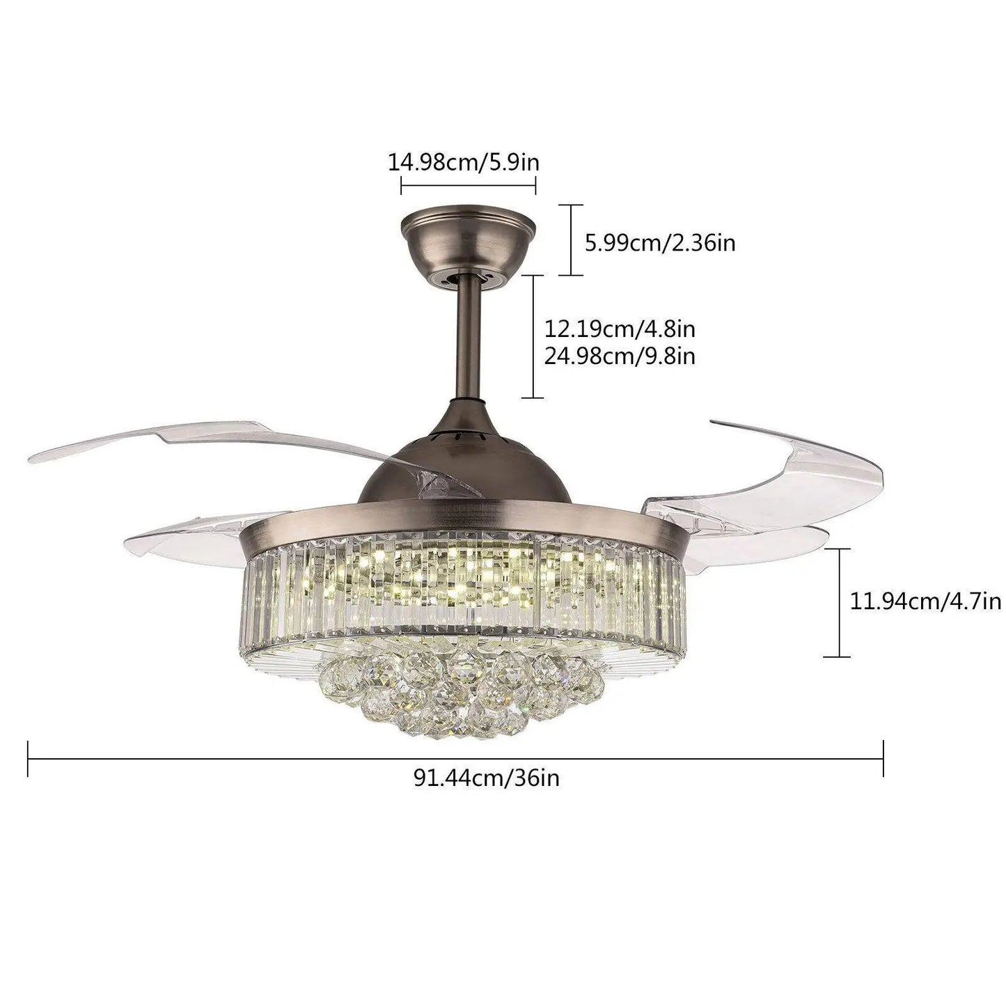 36 Inch Sliver LED Invisible Ceiling Fan with LED Light Crystal Chandelier