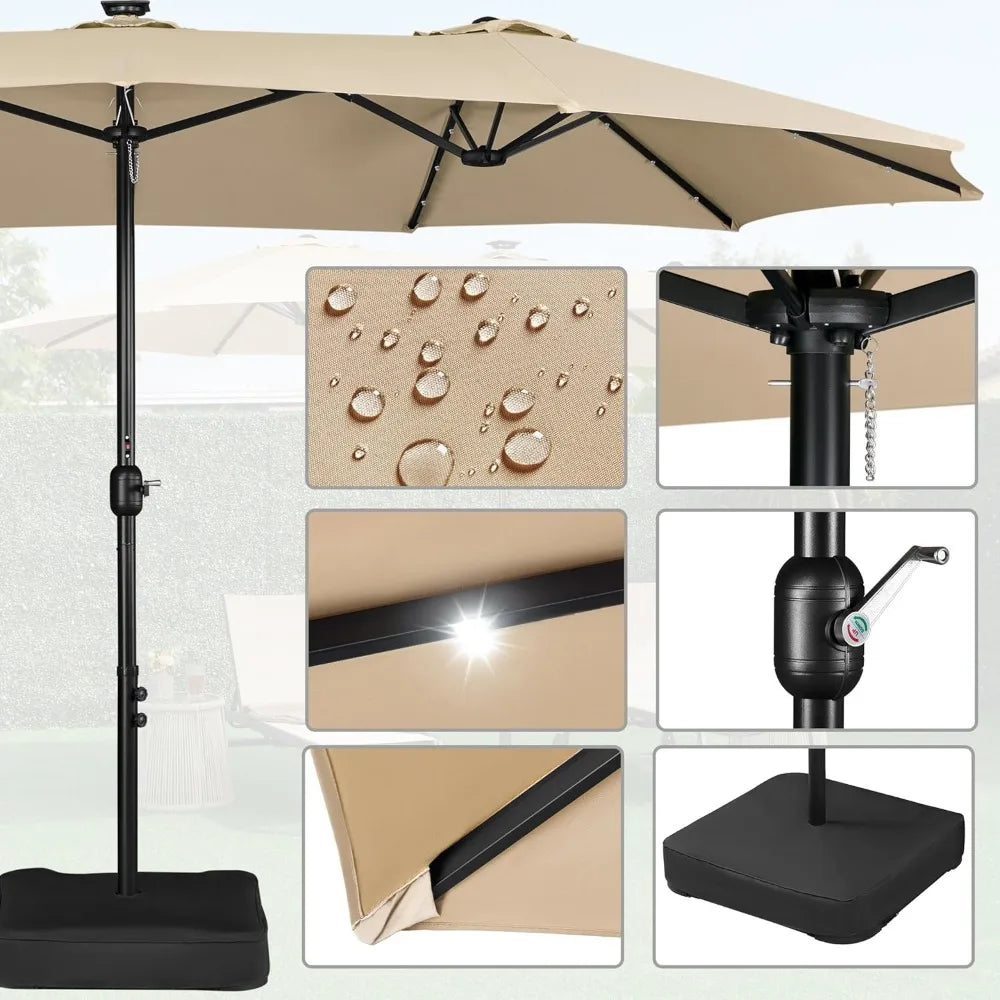 15 ft Large Patio Umbrella with Solar Lights