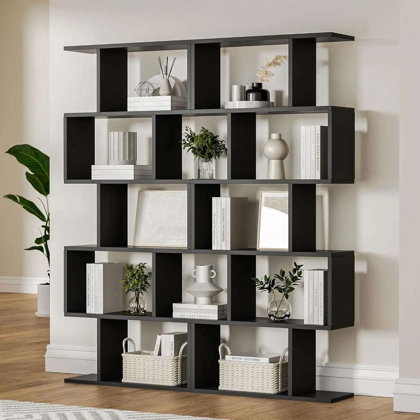 Black 5-Tier Geometric Bookcase,