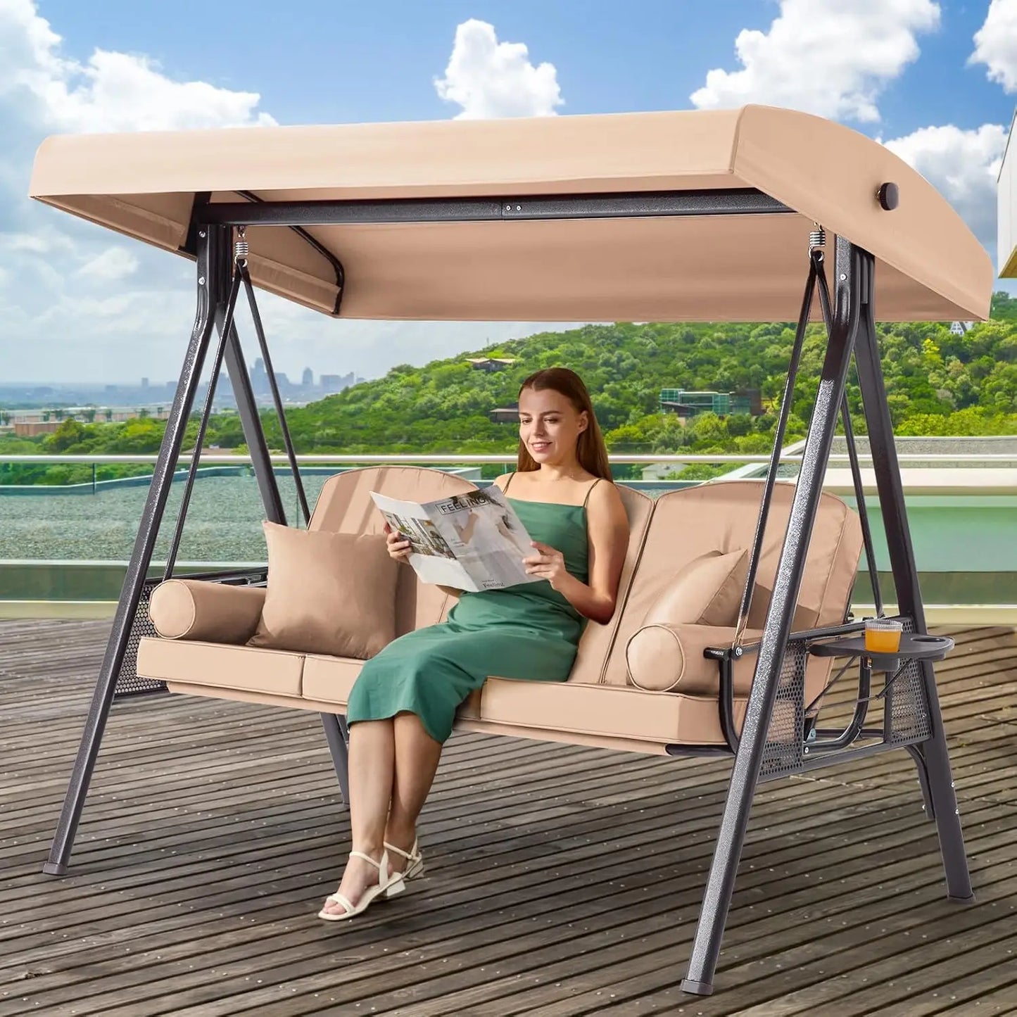 3 Seats Outdoor Porch Swing with Adjustable Canopy