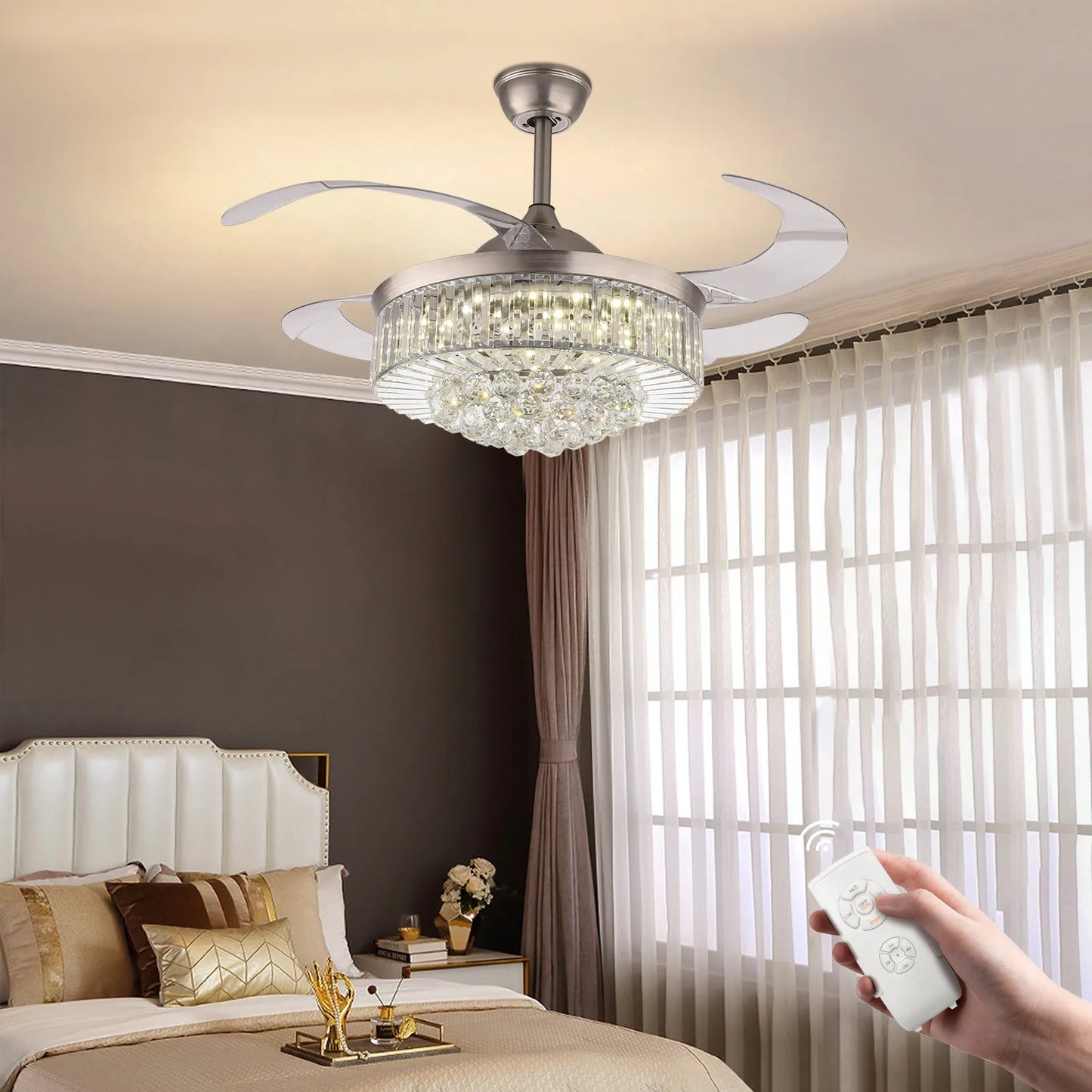 36 Inch Sliver LED Invisible Ceiling Fan with LED Light Crystal Chandelier