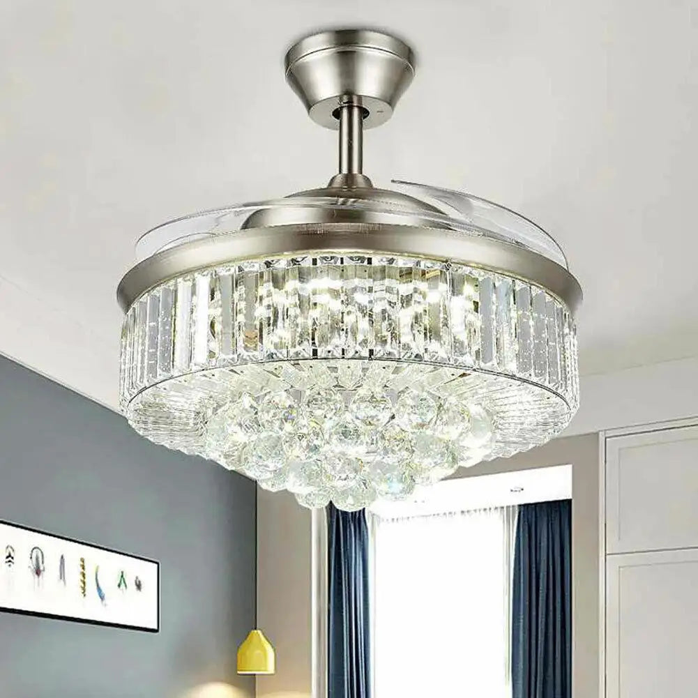 36 Inch Sliver LED Invisible Ceiling Fan with LED Light Crystal Chandelier