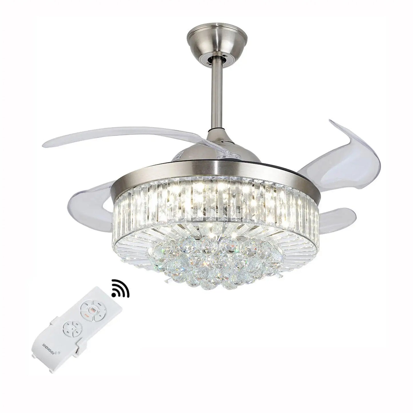 36 Inch Sliver LED Invisible Ceiling Fan with LED Light Crystal Chandelier