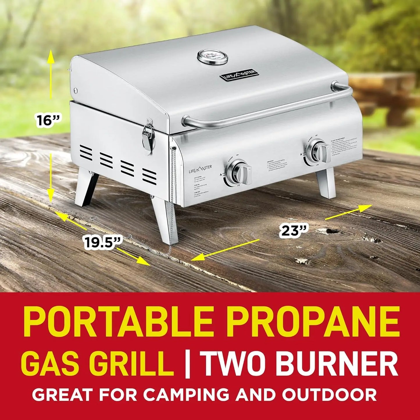 Portable Stainless Steel Gas Grill - 2 Burners