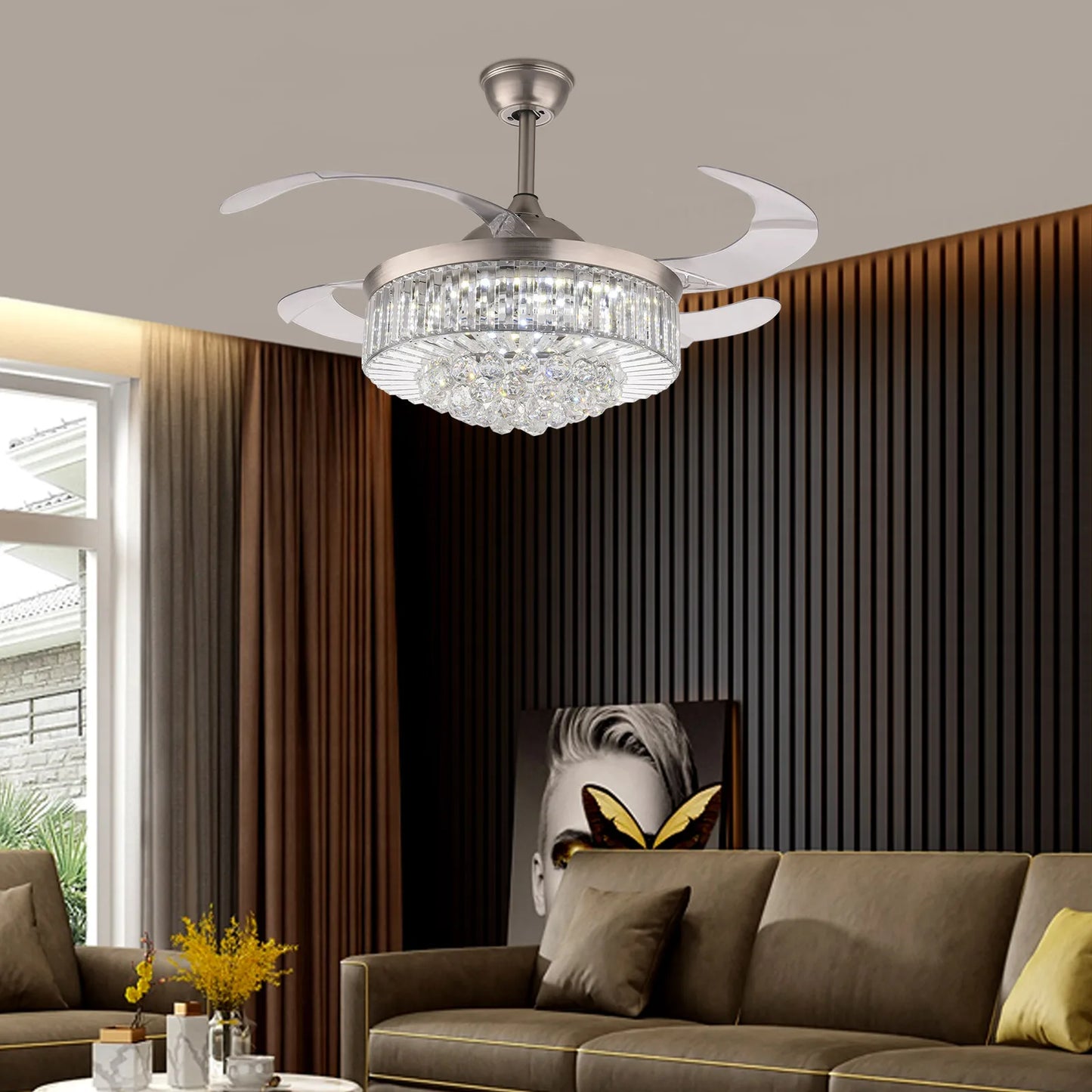 36 Inch Sliver LED Invisible Ceiling Fan with LED Light Crystal Chandelier