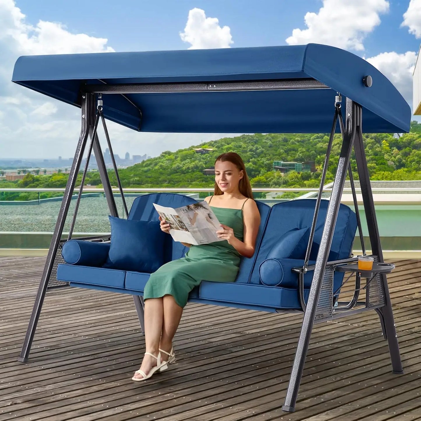 3 Seats Outdoor Porch Swing with Adjustable Canopy