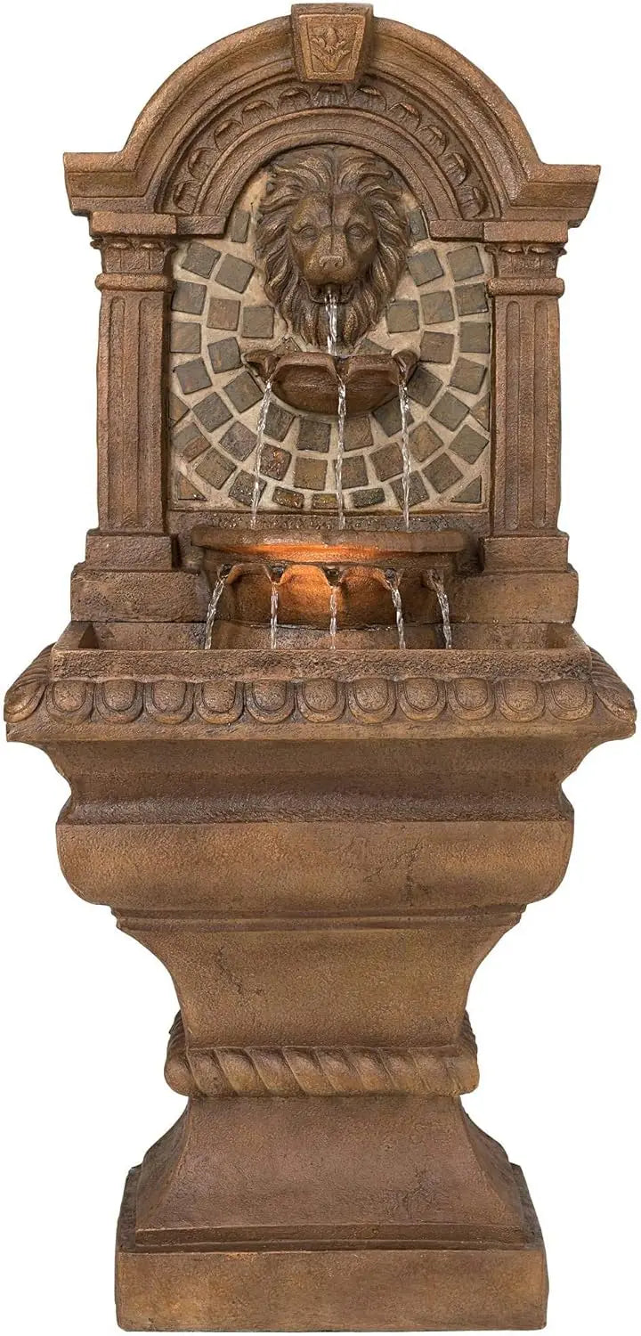 Royal Lions Head Mediterranean Outdoor 3 Tiered Wall Water Fountain