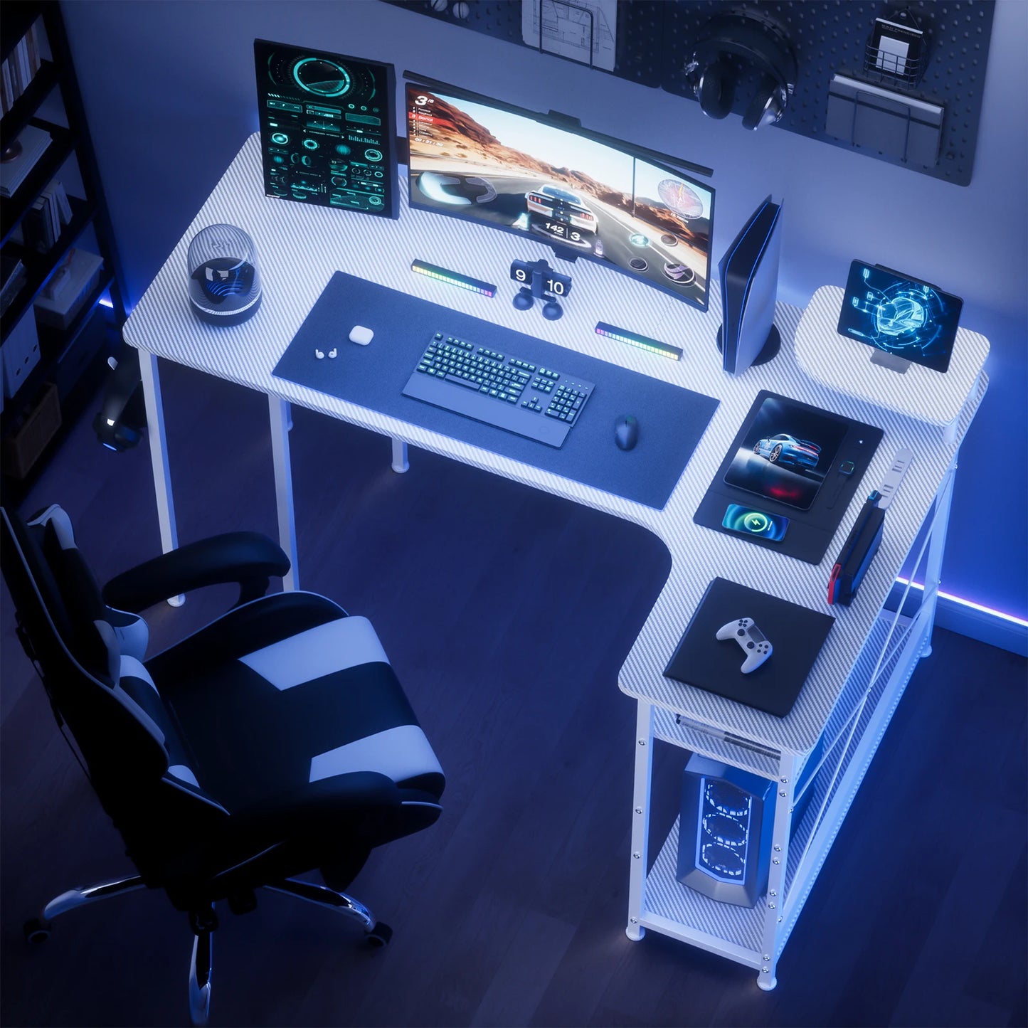 L-Shape Gaming Desk with Drawers, Home Office