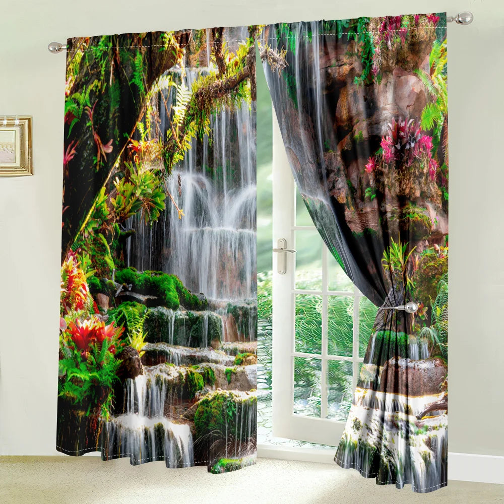 2Pcs Tropical Rainforest Curtains Waterfall Scenery