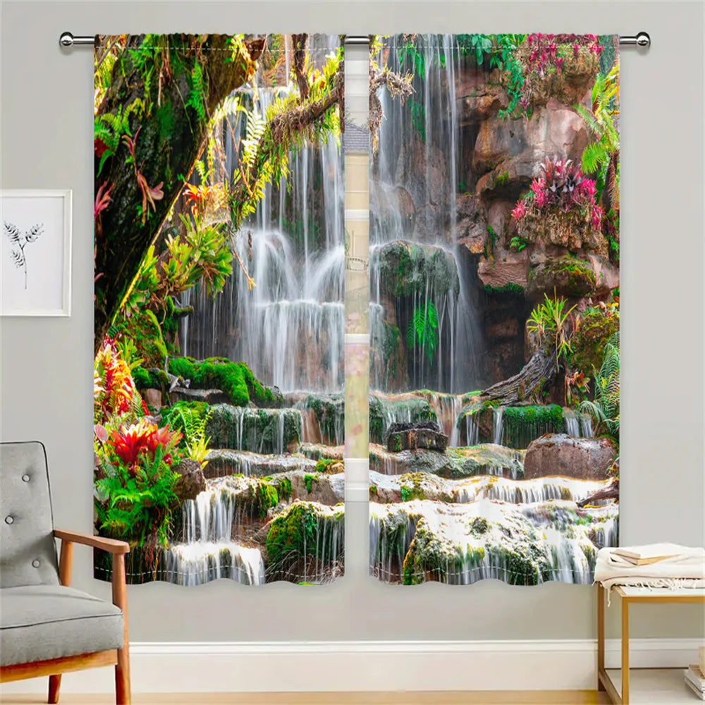 2Pcs Tropical Rainforest Curtains Waterfall Scenery