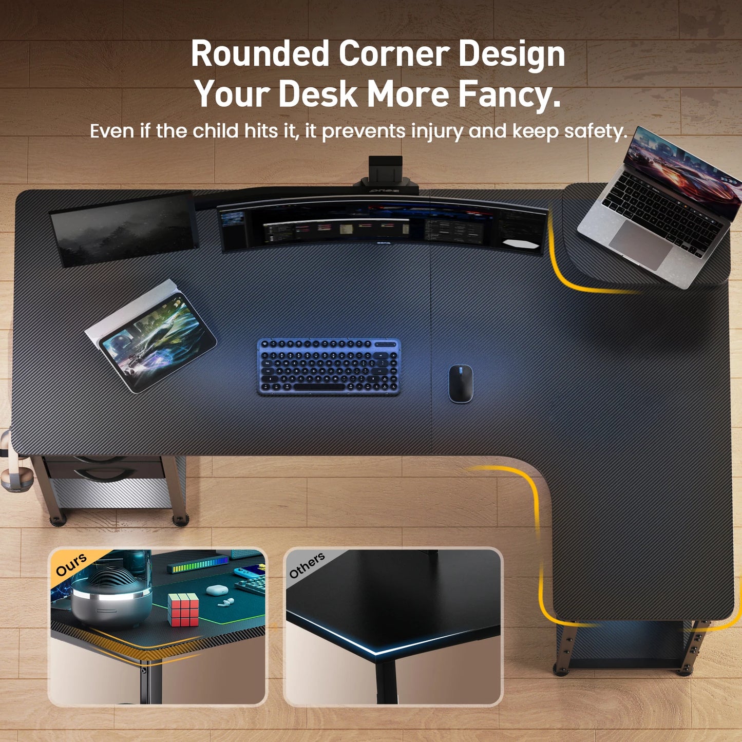 L-Shape Gaming Desk with Drawers, Home Office