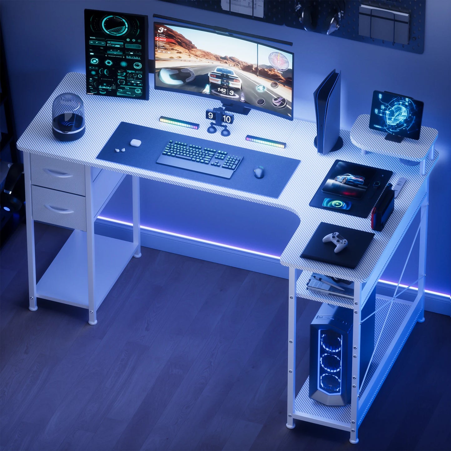 L-Shape Gaming Desk with Drawers, Home Office
