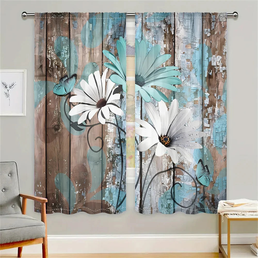 2Pcs Vintage Wooden Floral Curtains