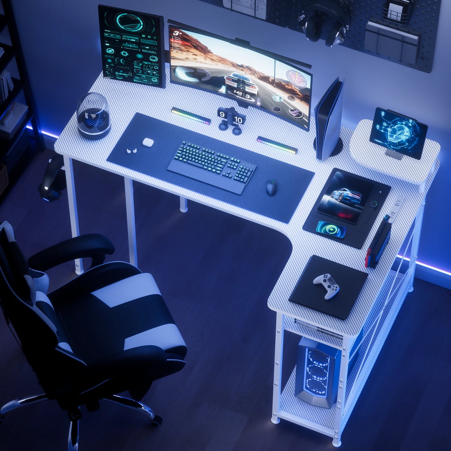 L-Shape Gaming Desk with Drawers, Home Office