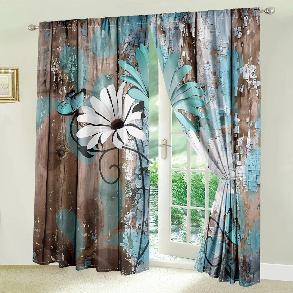 2Pcs Vintage Wooden Floral Curtains