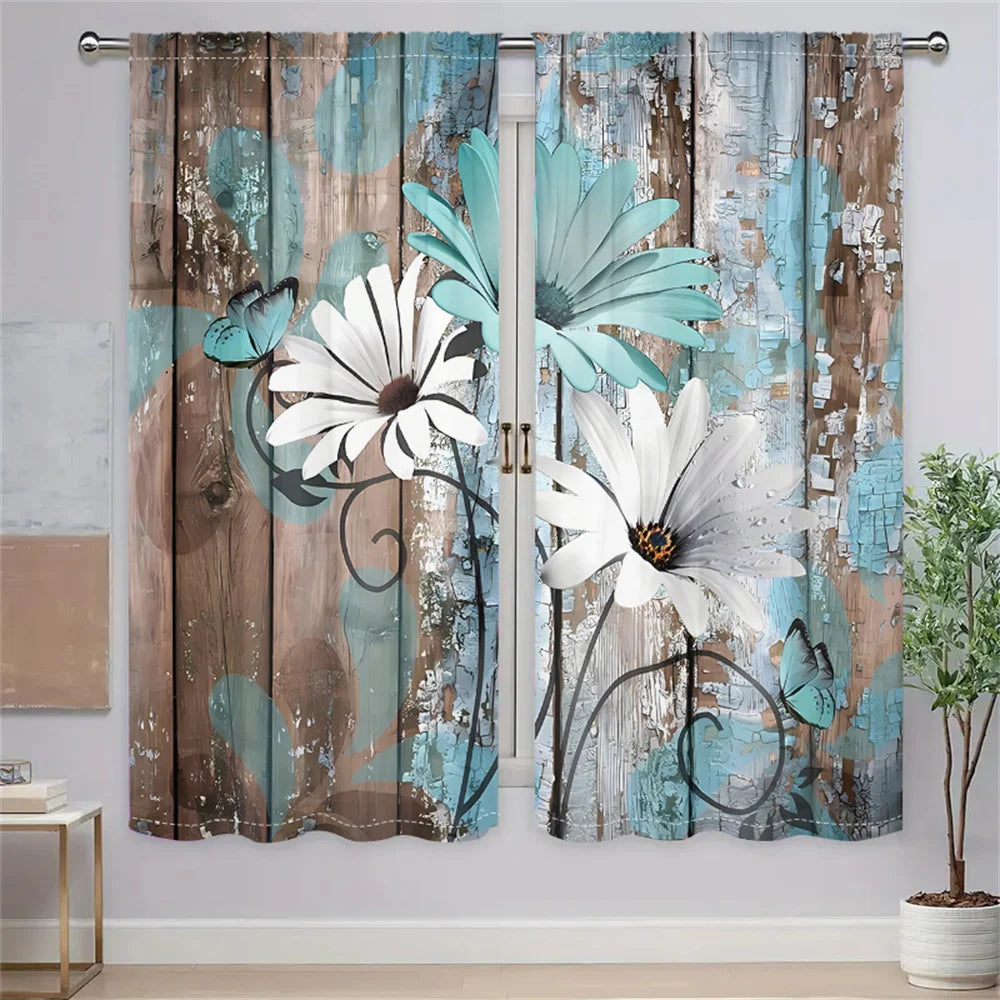 2Pcs Vintage Wooden Floral Curtains