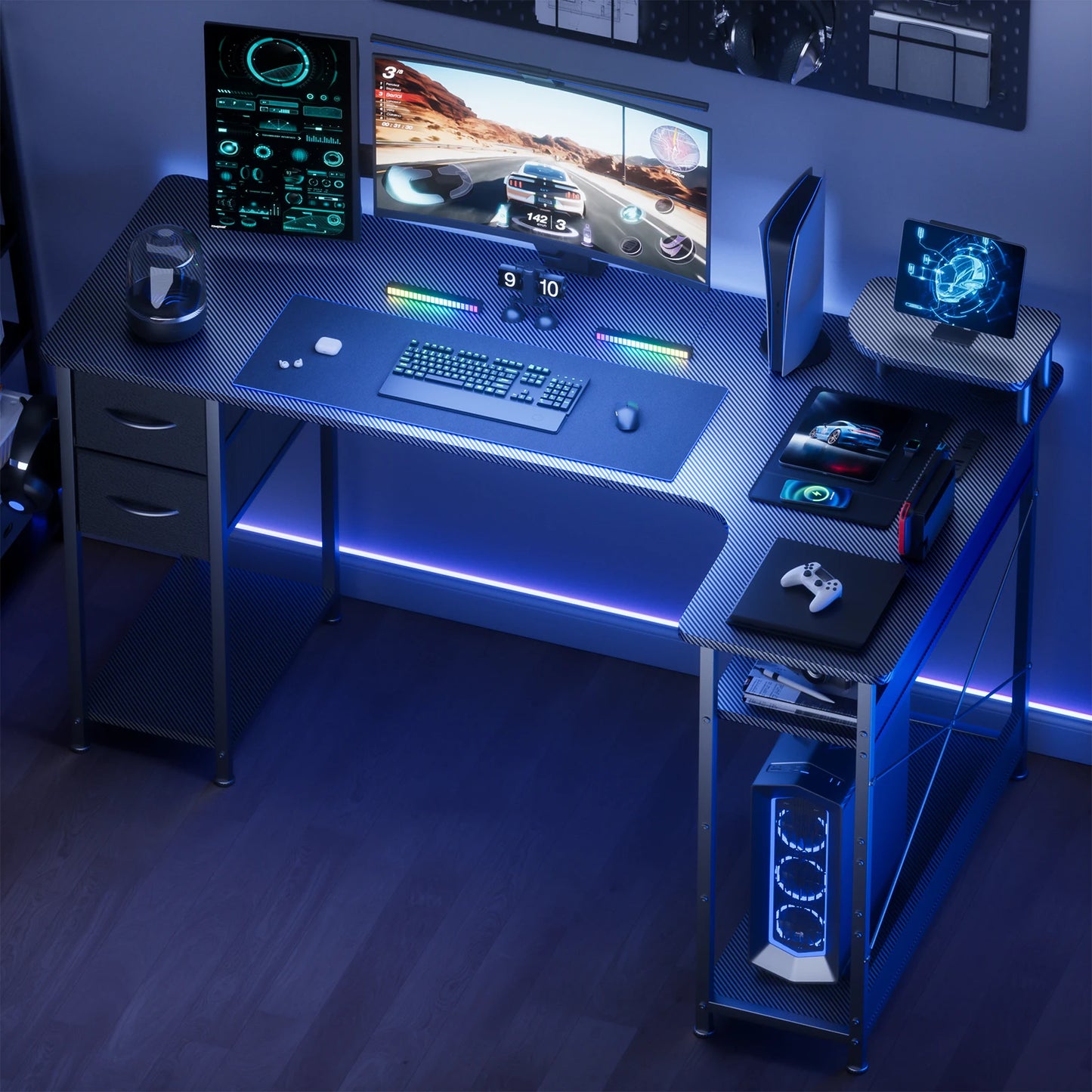 L-Shape Gaming Desk with Drawers, Home Office