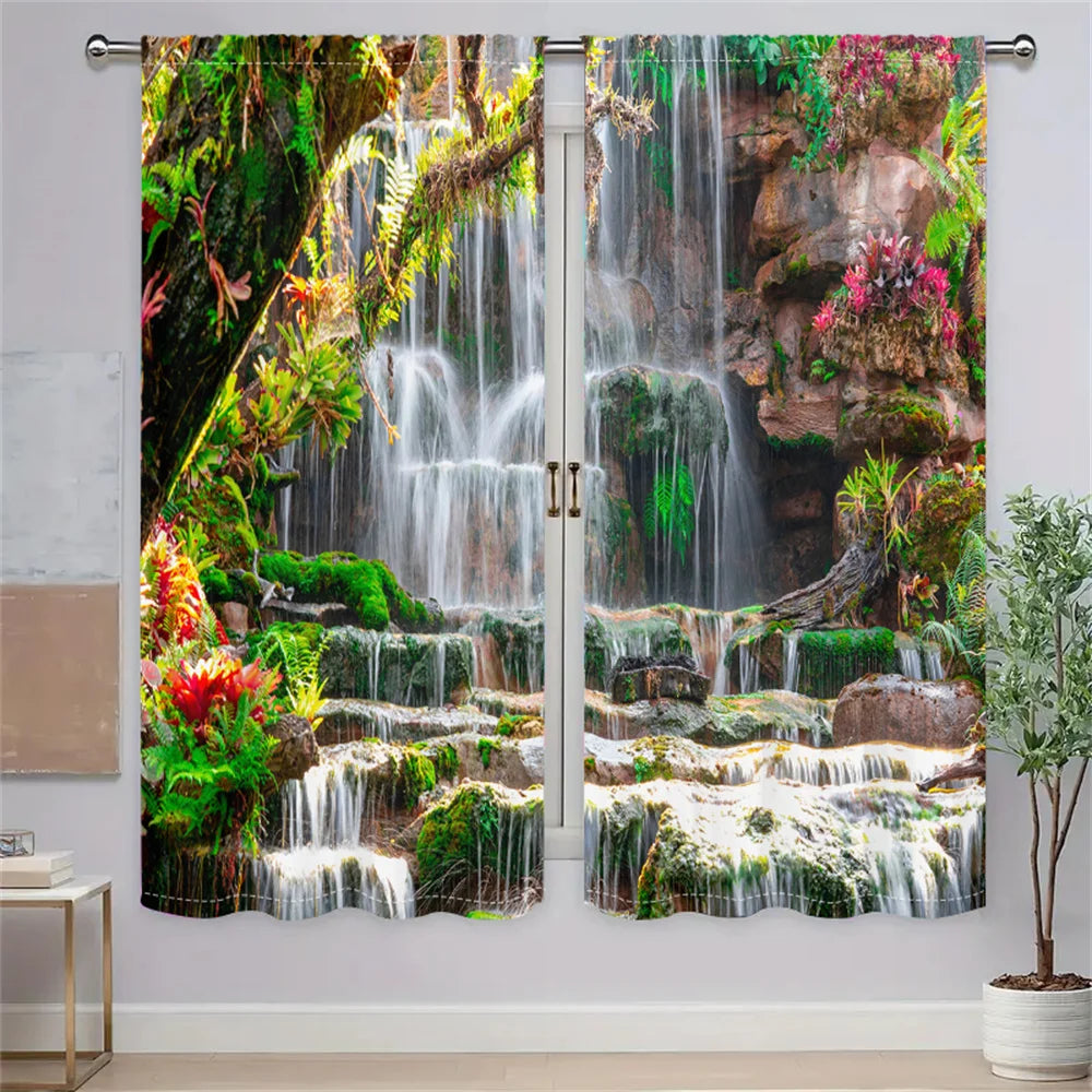 2Pcs Tropical Rainforest Curtains Waterfall Scenery