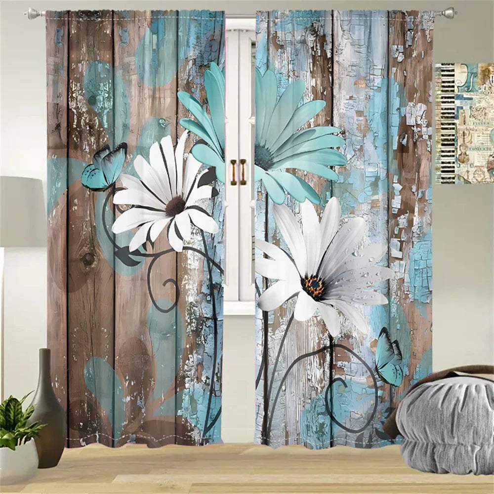 2Pcs Vintage Wooden Floral Curtains