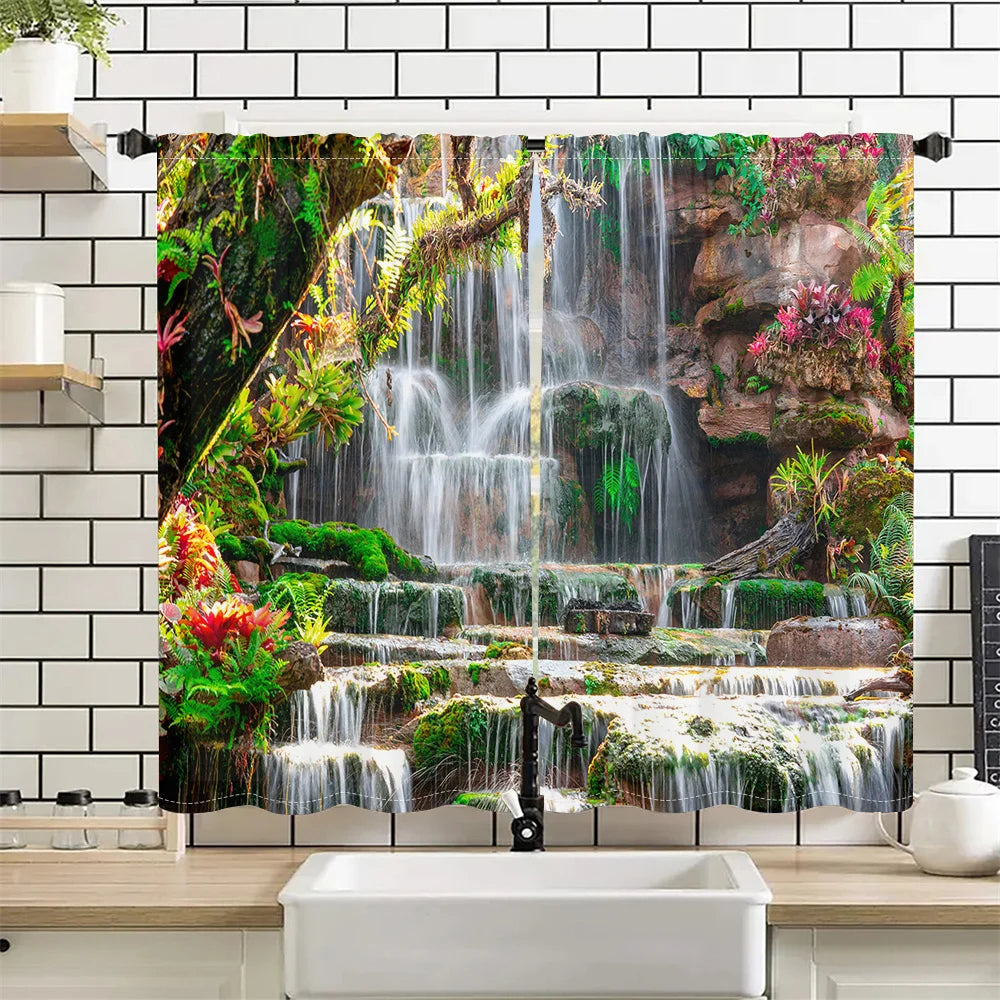 2Pcs Tropical Rainforest Curtains Waterfall Scenery