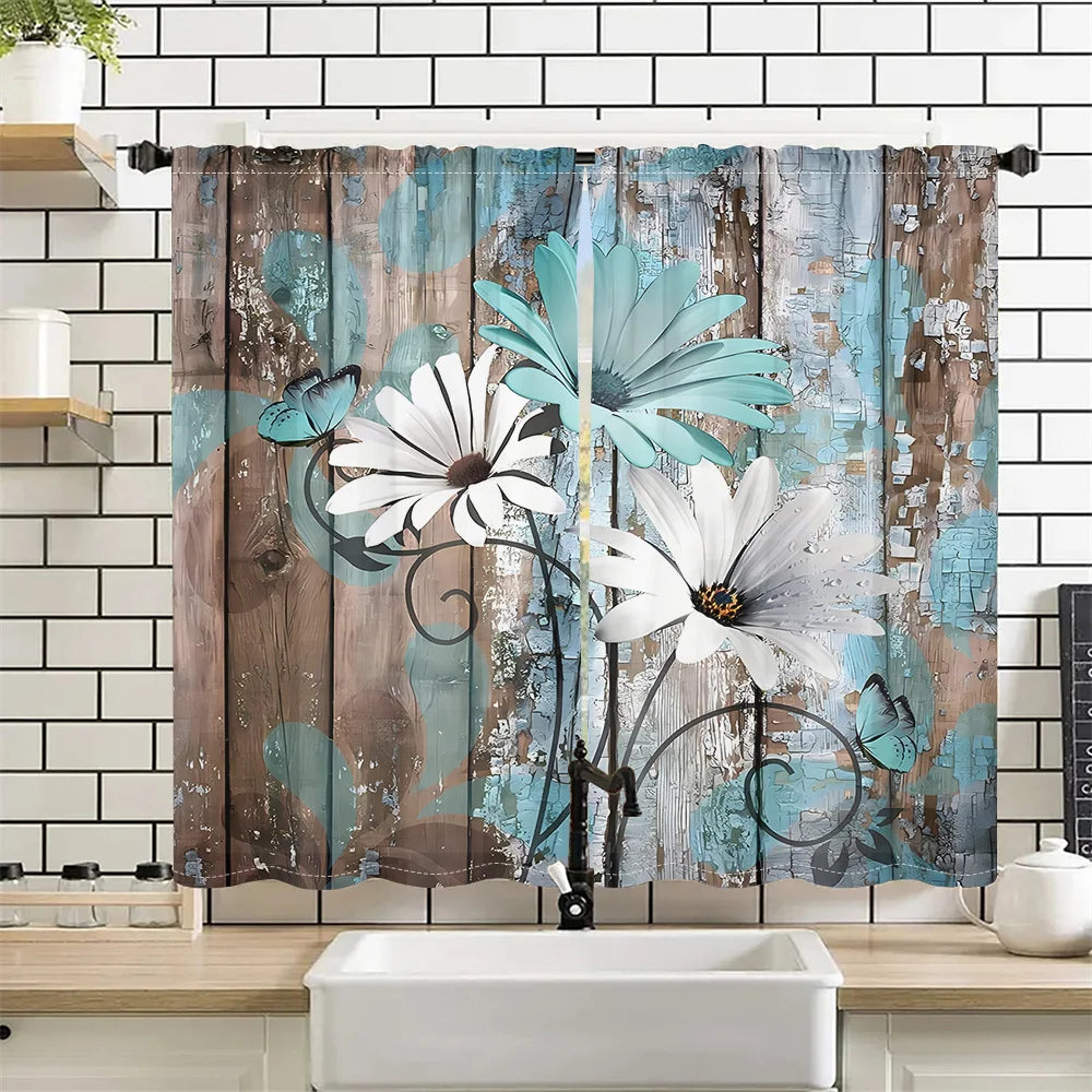 2Pcs Vintage Wooden Floral Curtains