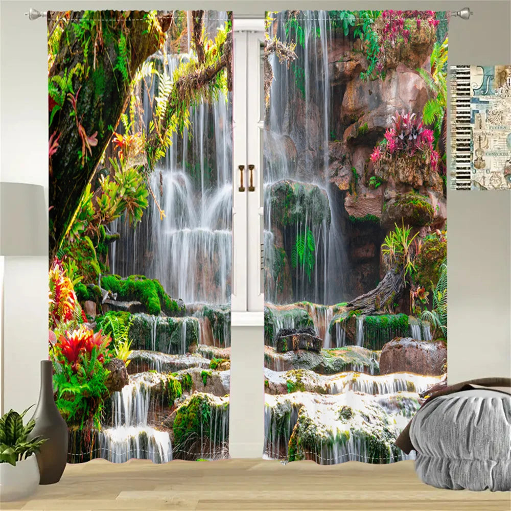 2Pcs Tropical Rainforest Curtains Waterfall Scenery