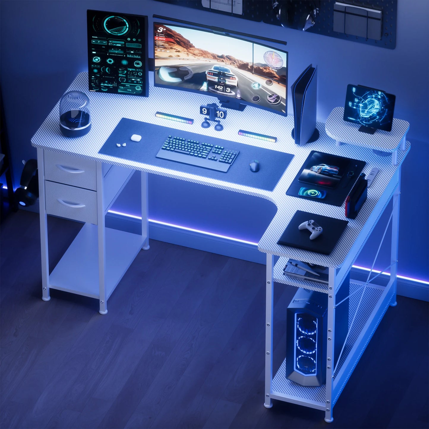 L-Shape Gaming Desk with Drawers, Home Office