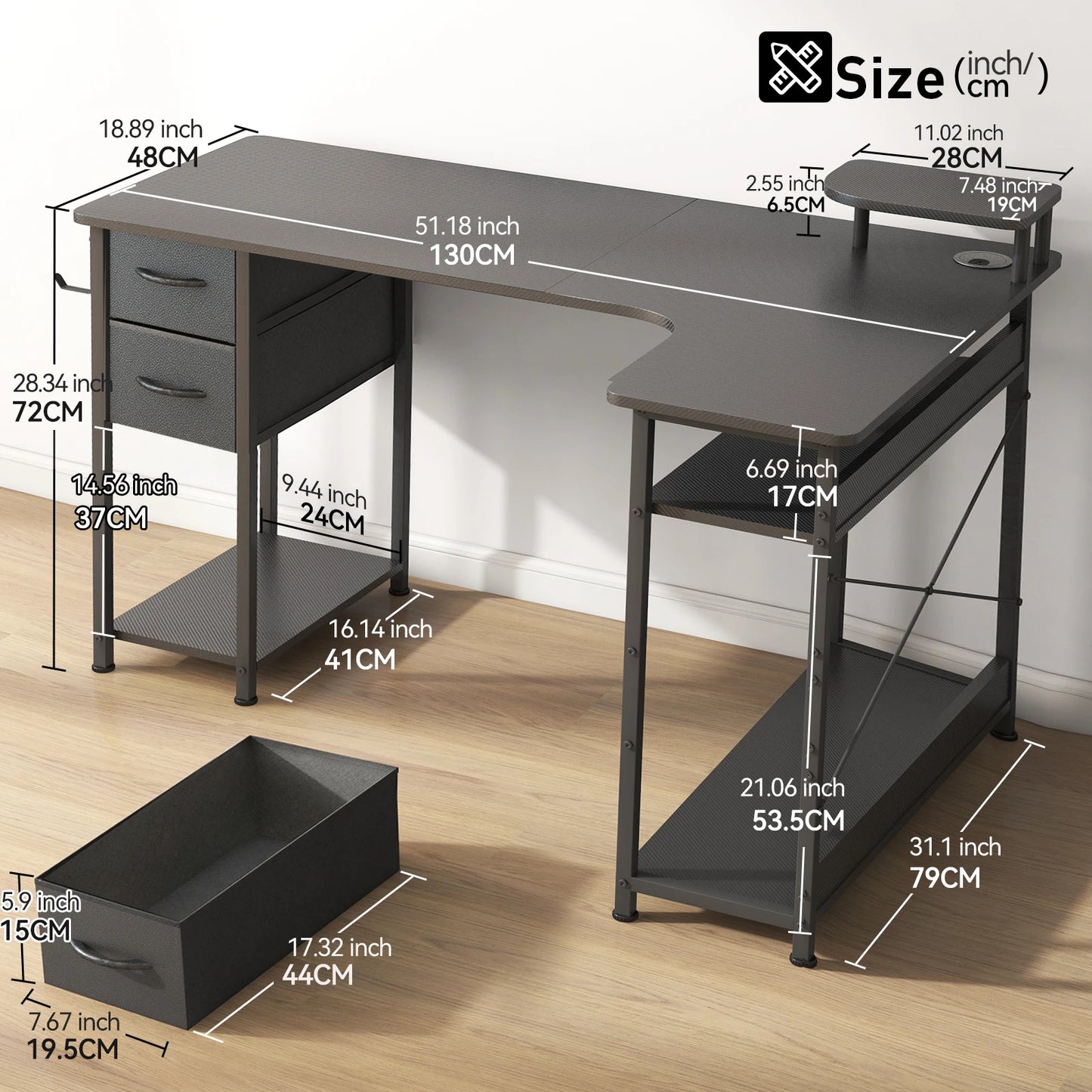 L-Shape Gaming Desk with Drawers, Home Office