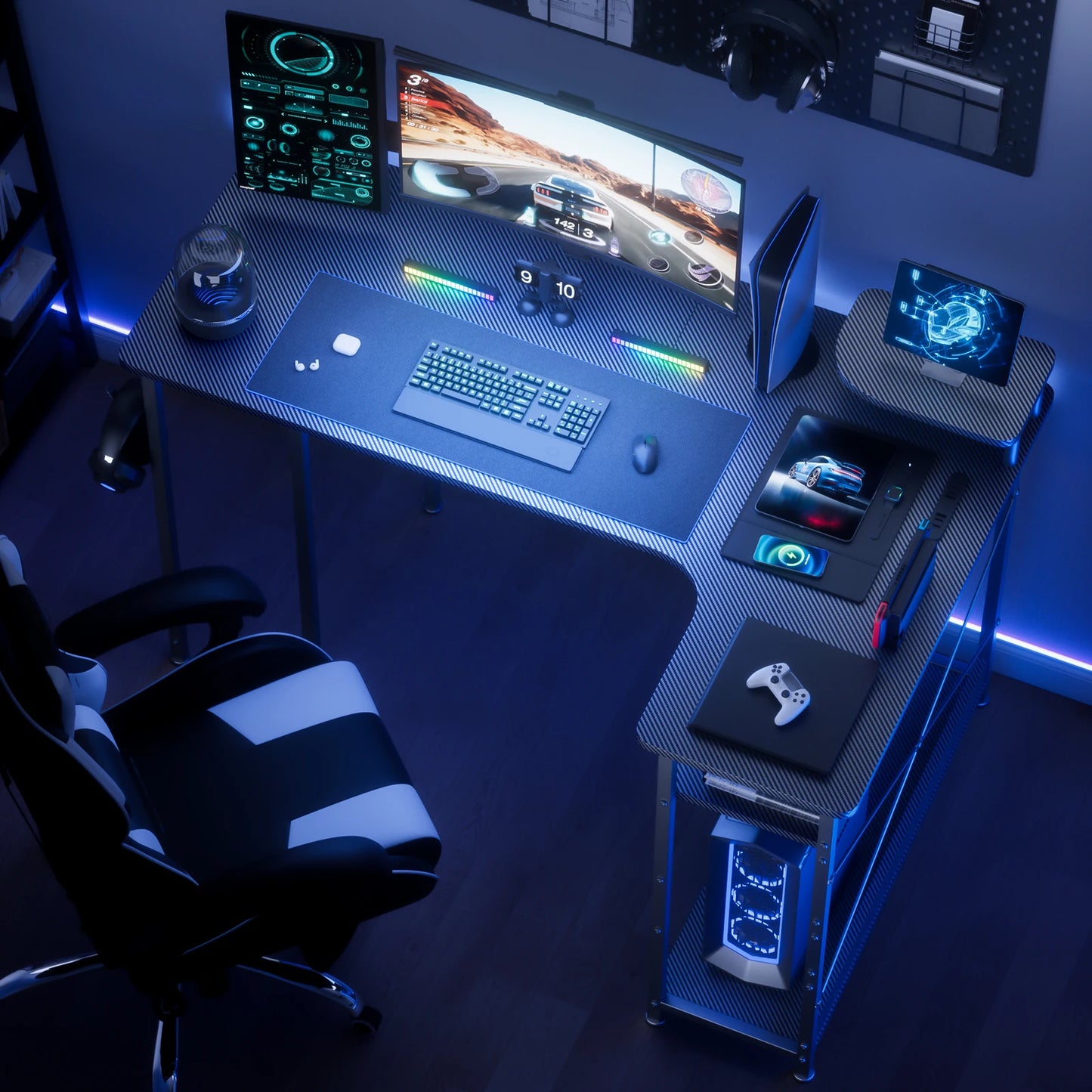 L-Shape Gaming Desk with Drawers, Home Office