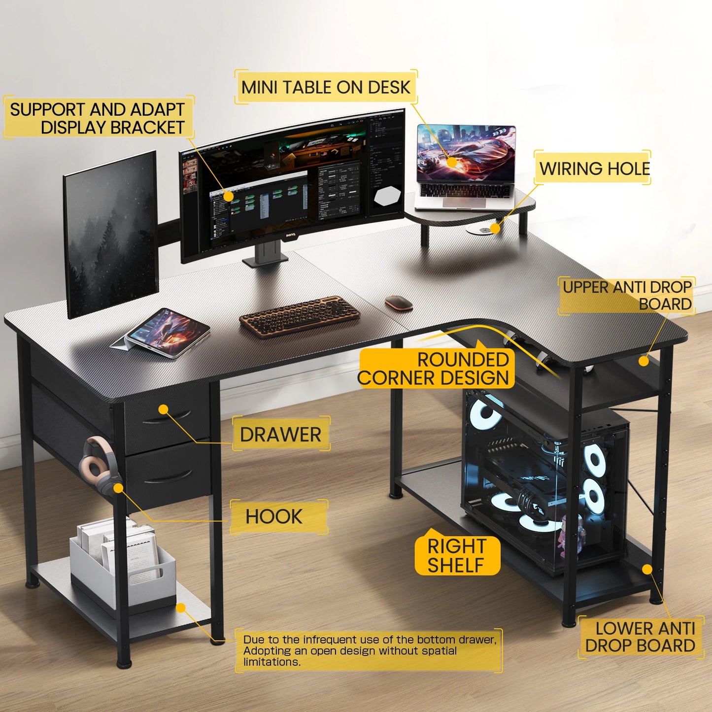 L-Shape Gaming Desk with Drawers, Home Office