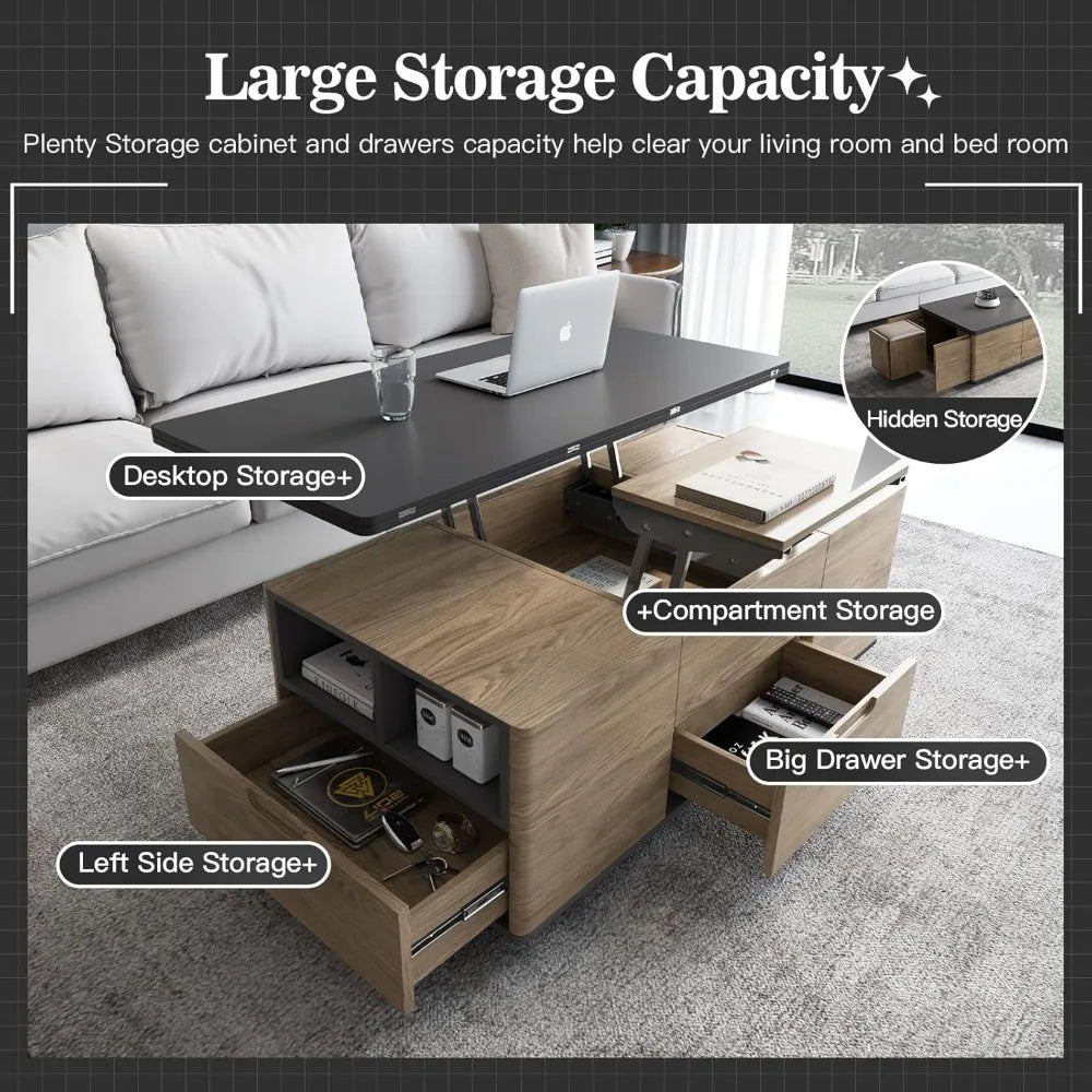 Lift Top Coffee Table with 4 Stools & Hidden Compartment and Storage Shelf