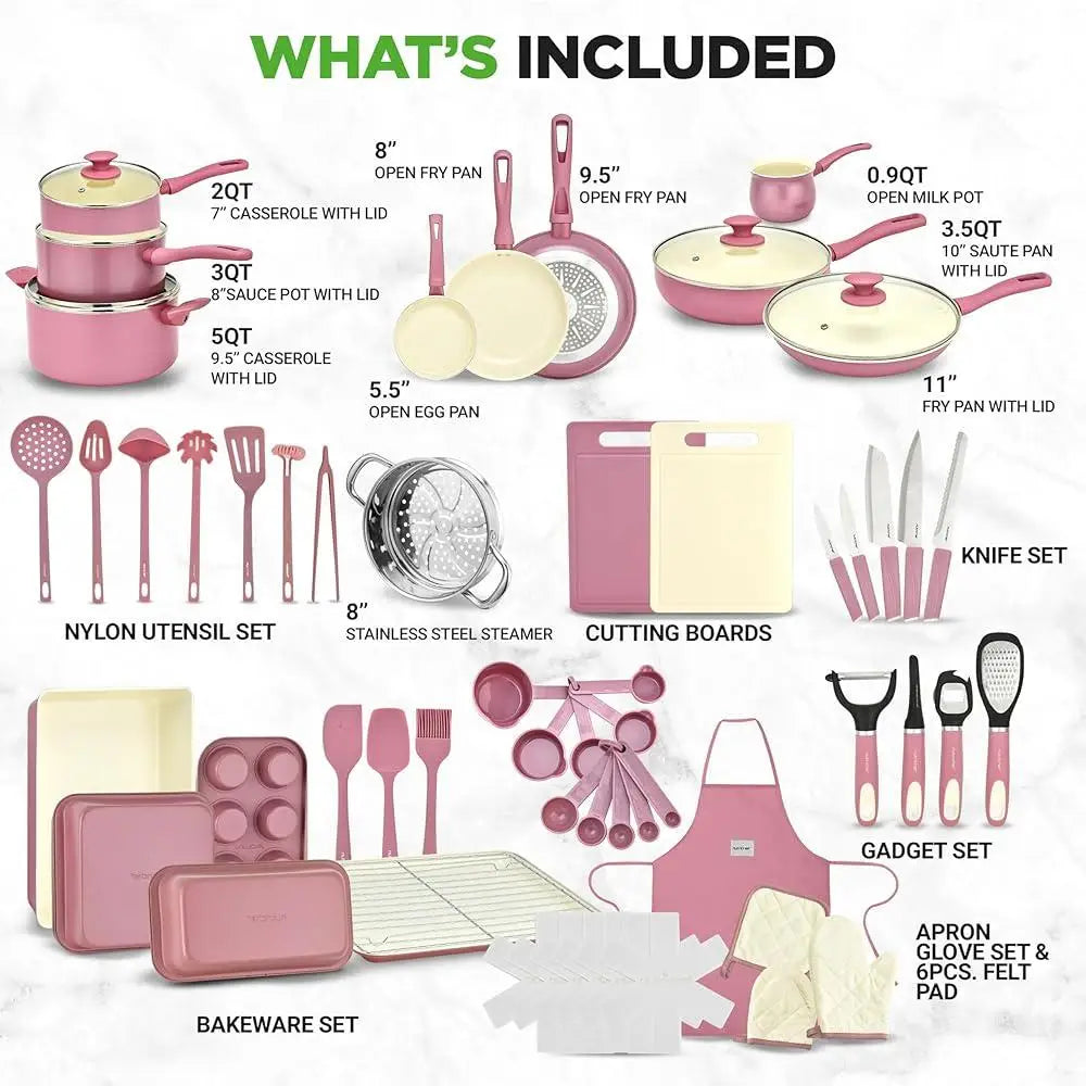 54 Piece Complete Kitchen Cookware Set Non Stick Ceramic Pots & Pans and Utensils