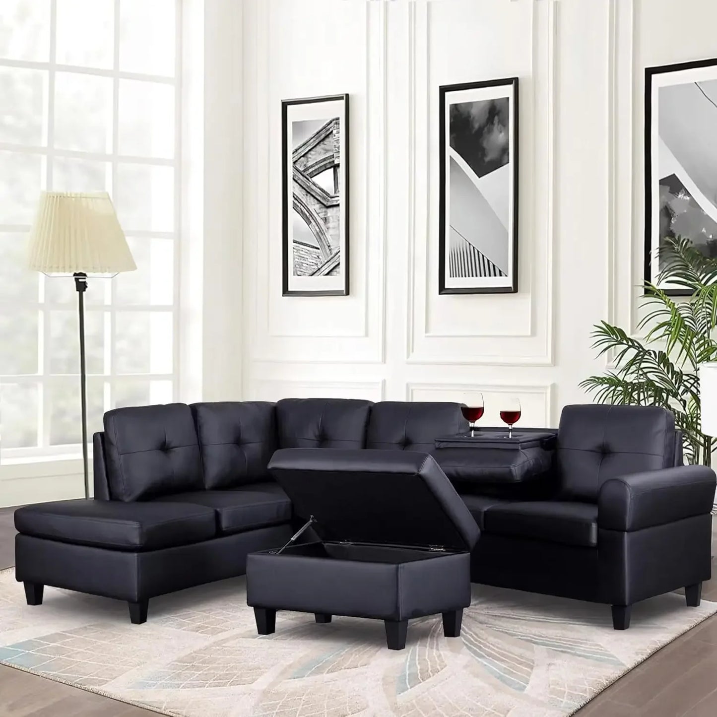 Living Room Furniture Sets,Reversible L-Shaped Sectional Sofa with Fabric Left Chaise,Storage Ottoman,Upholstered Coner Couch