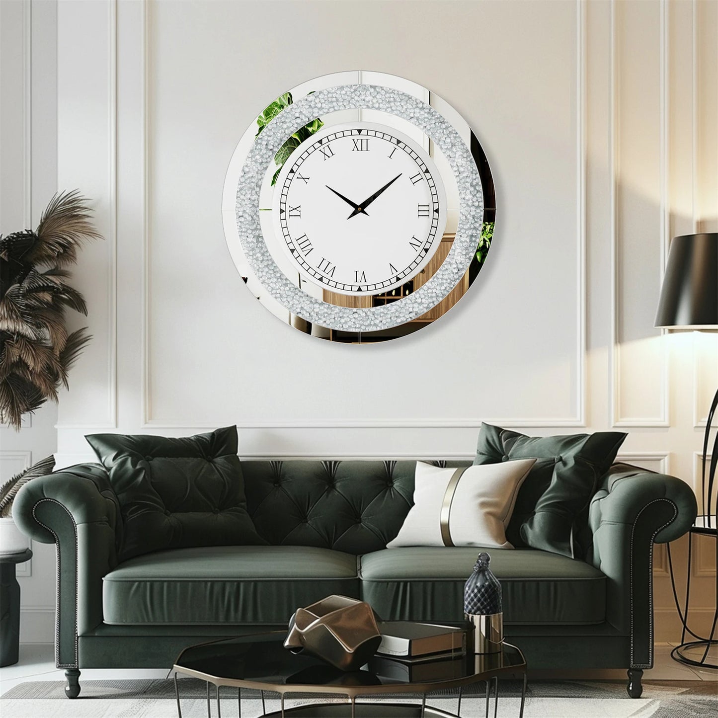 Bling Silver Round Mirror Clock