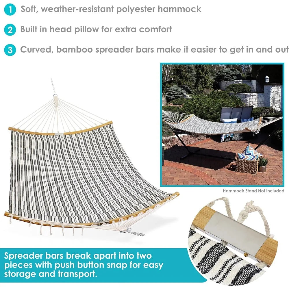 Polycotton Double Hammock with Curved Bamboo Foldable Spreader Bars