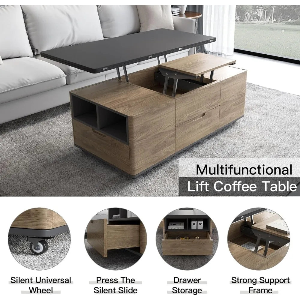 Lift Top Coffee Table with 4 Stools & Hidden Compartment and Storage Shelf