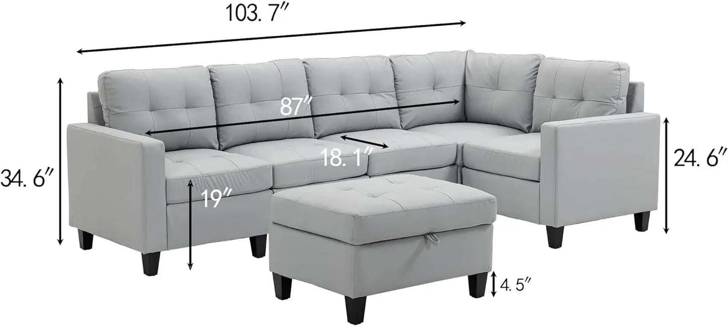 Living Room Furniture Sets,Reversible L-Shaped Sectional Sofa with Fabric Left Chaise,Storage Ottoman,Upholstered Coner Couch