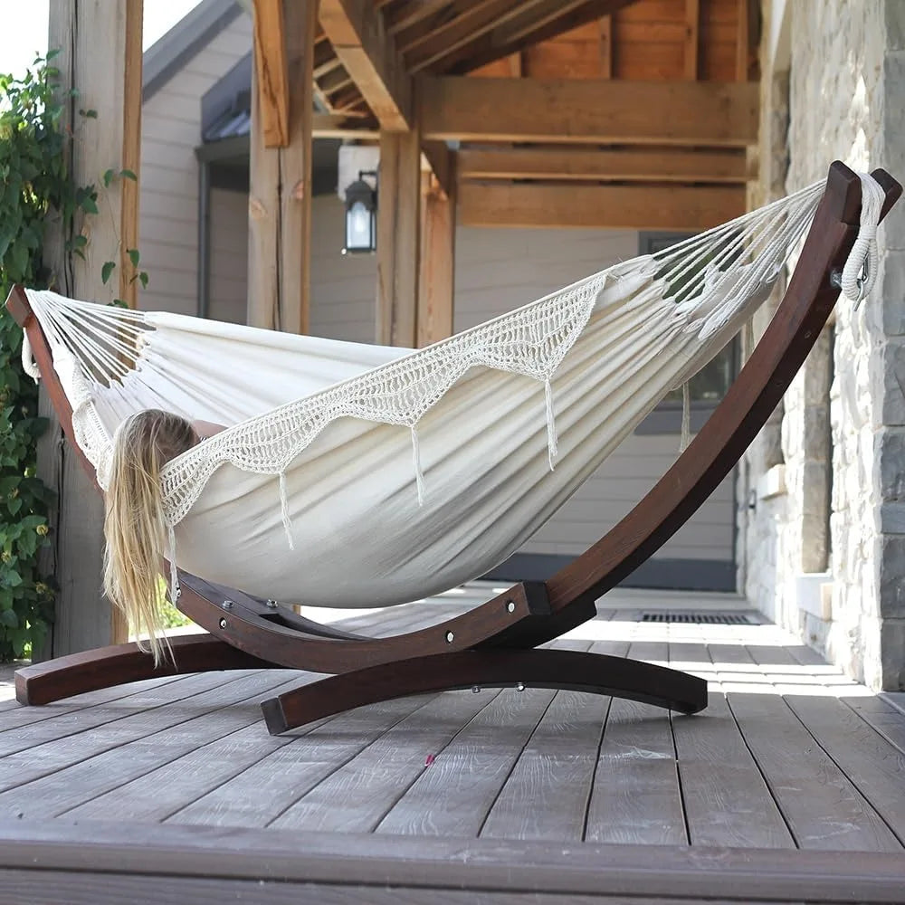 Double Cotton Hammock with Solid Pine Arc Stand