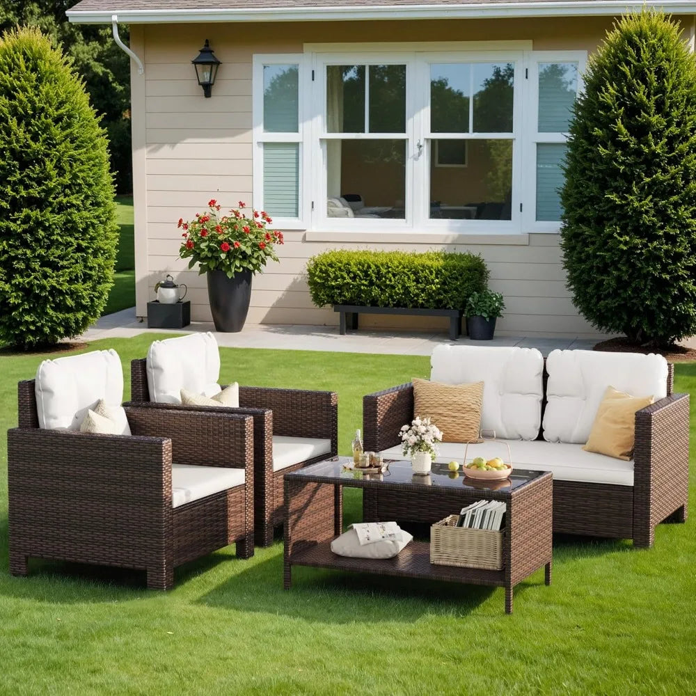 4 Pieces Patio Furniture Sets Rattan Chair Wicker Conversation Sofa Set