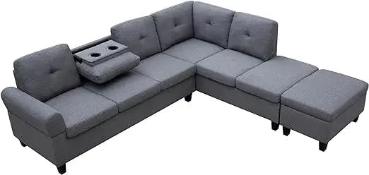 Living Room Furniture Sets,Reversible L-Shaped Sectional Sofa with Fabric Left Chaise,Storage Ottoman,Upholstered Coner Couch