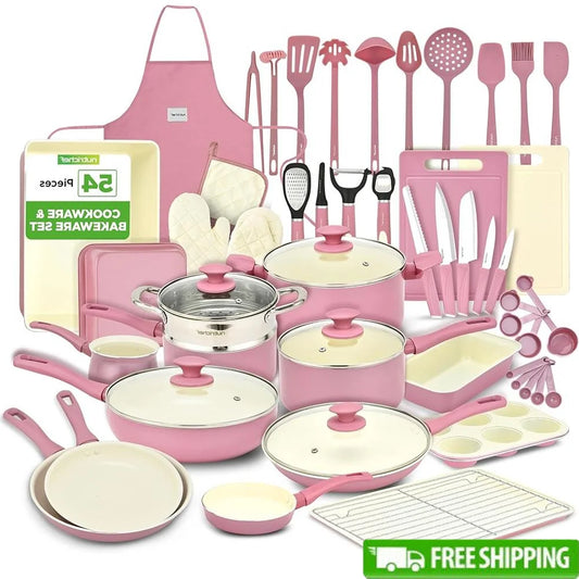 54 Piece Complete Kitchen Cookware Set Non Stick Ceramic Pots & Pans and Utensils