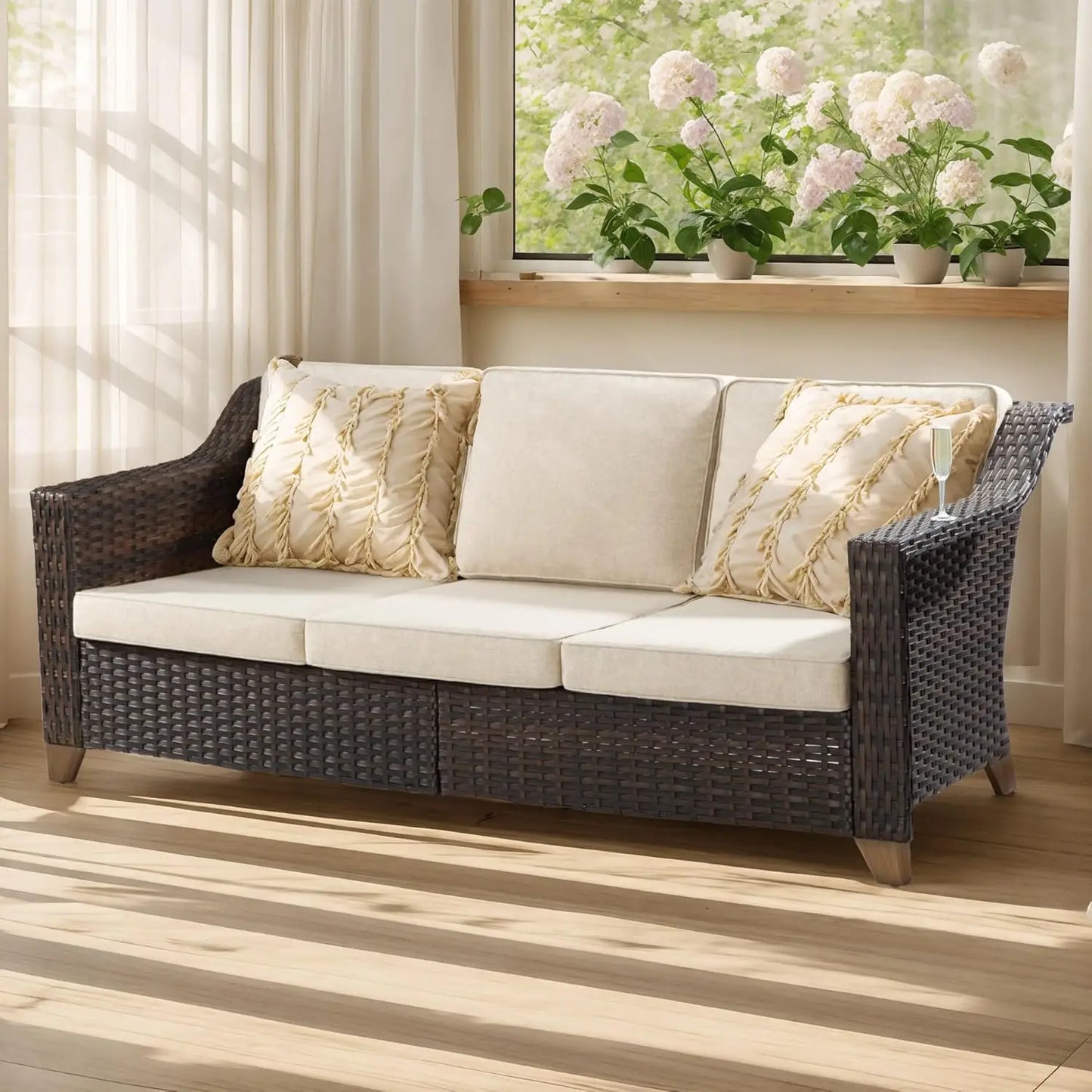 Patio Couch, All Weather Outdoor Rattan Wicker 3-Seat Sofa