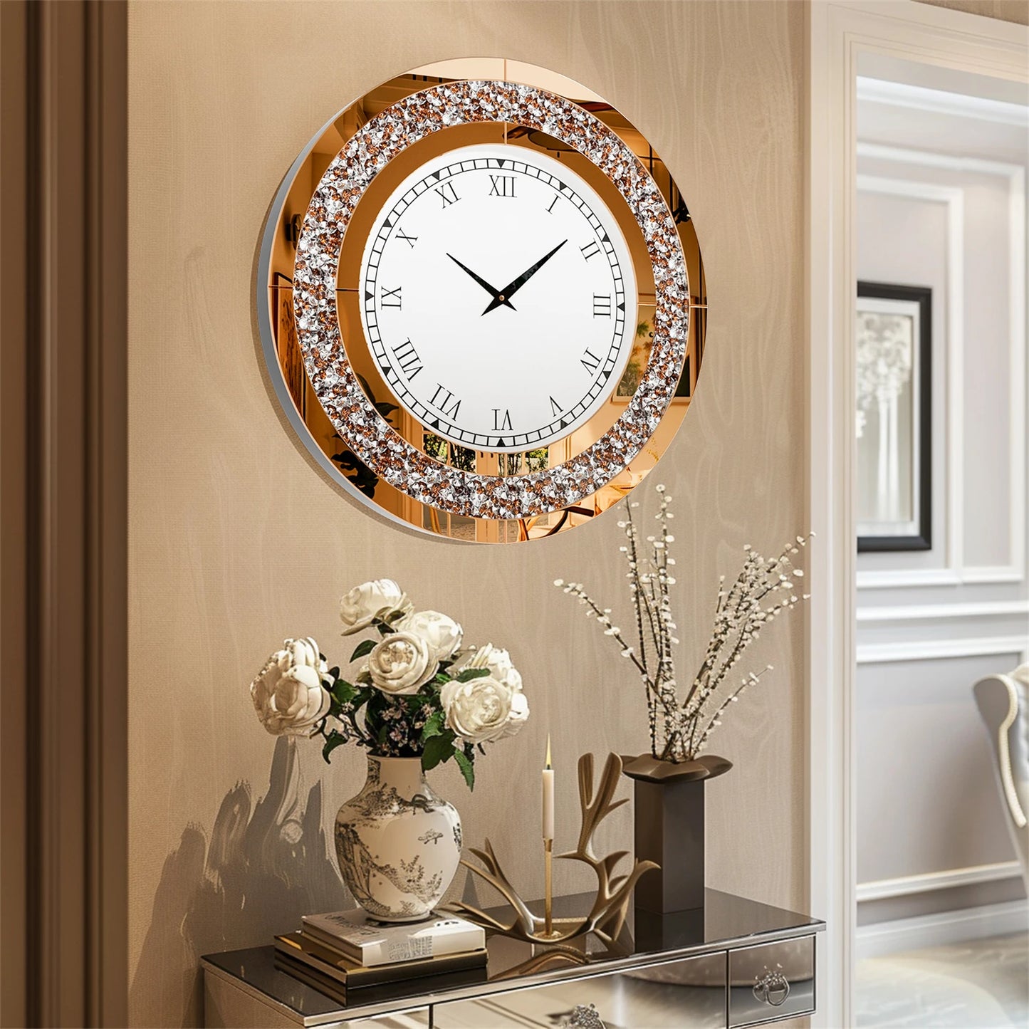 Bling Silver Round Mirror Clock